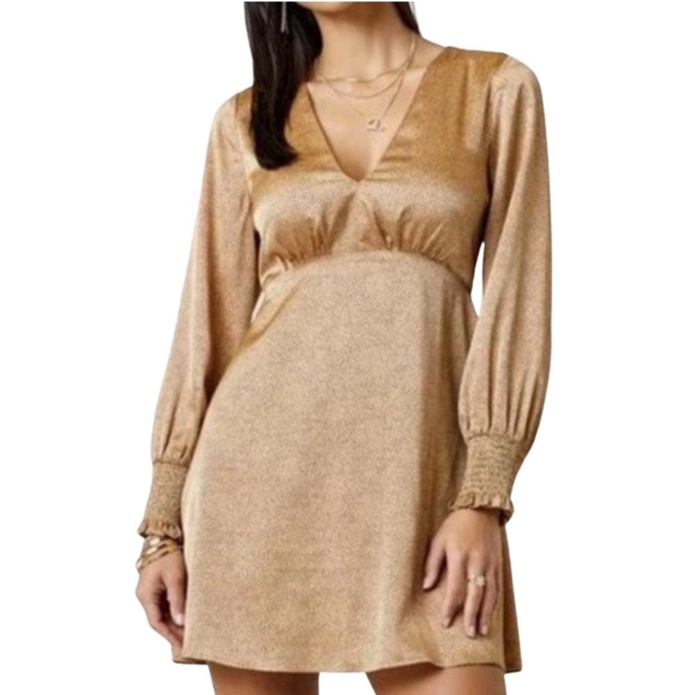 Francesca's Mi Ami Bronze Satin Animal Print V Neck Mini Dress Smocked Cuff M